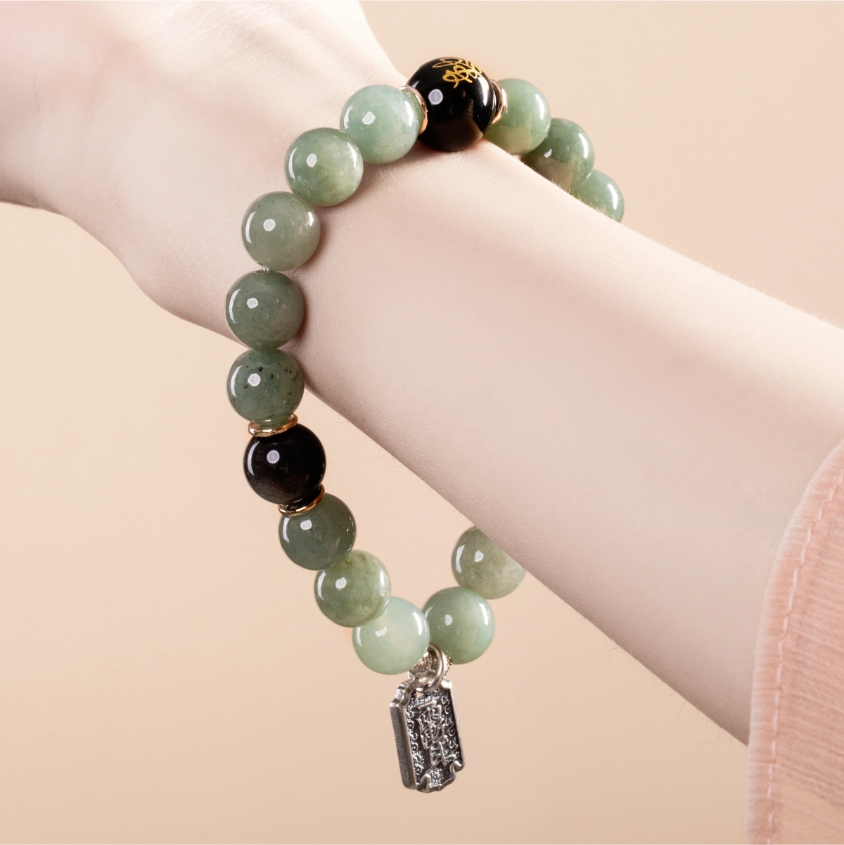 Bracelet For Wood Element Gentle & Balance -Jadeite & Black Obsidian & Black Agate