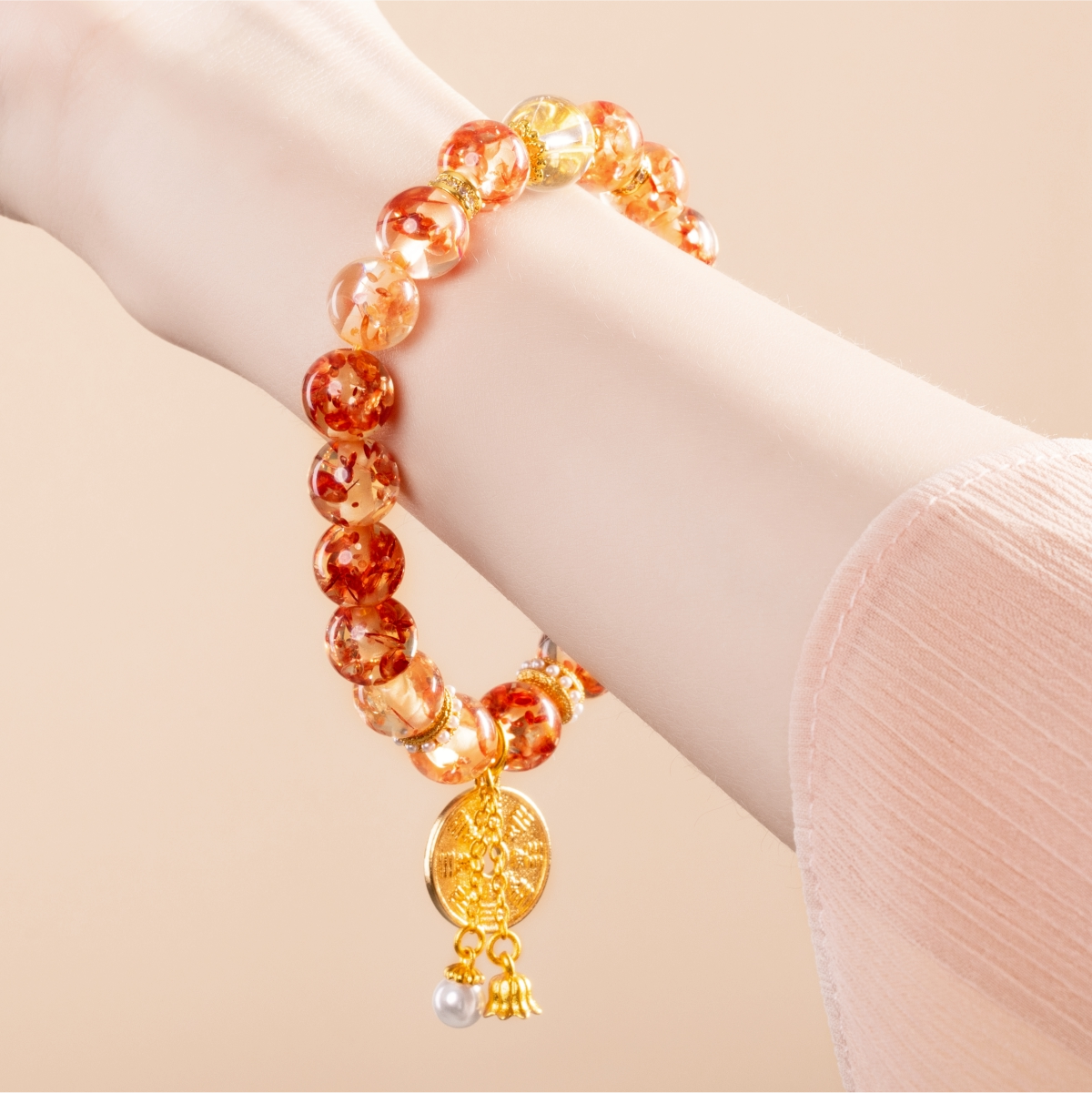 Bracelet For Earth Element Amplified Energy- Flower Amber & Clear Quartz