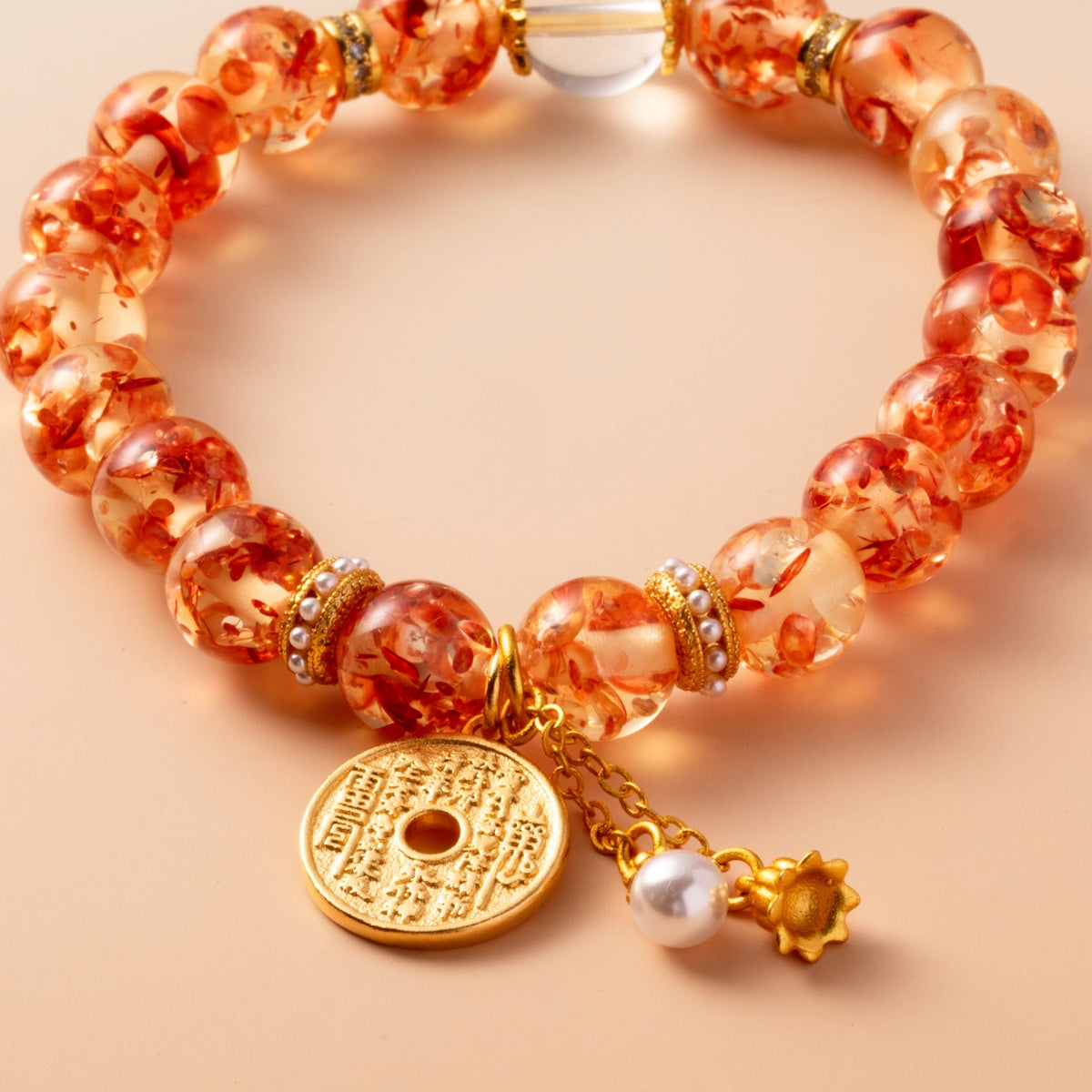 Bracelet For Earth Element Amplified Energy- Flower Amber & Clear Quartz