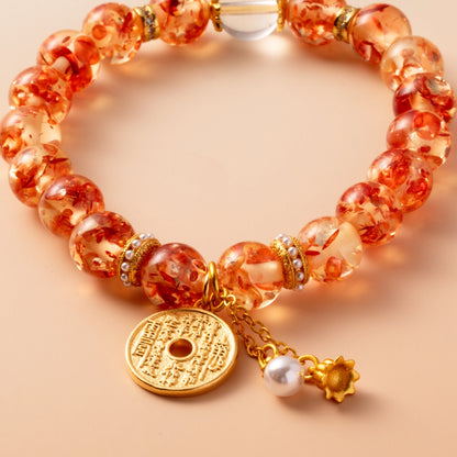 Bracelet For Earth Element Amplified Energy- Flower Amber & Clear Quartz