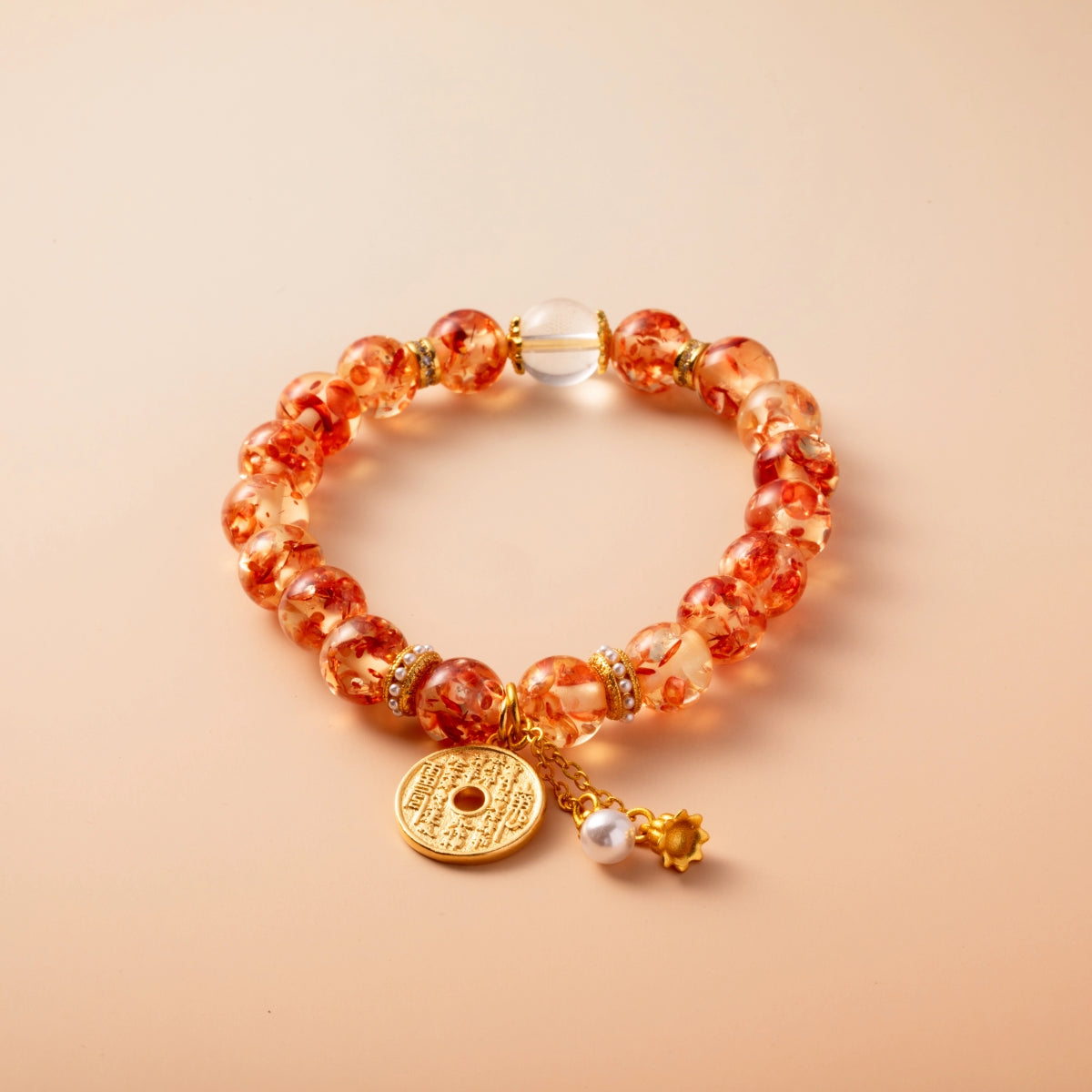 Bracelet For Earth Element Amplified Energy- Flower Amber & Clear Quartz