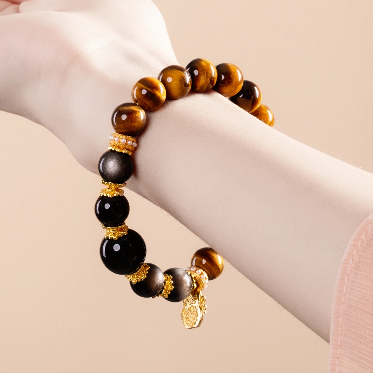 Bracelet For Earth Element Amplified Energy- Golden Tiger's Eye & Black Obsidian & Black Agate