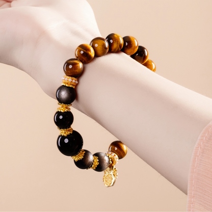 Bracelet For Earth Element Amplified Energy- Golden Tiger's Eye & Black Obsidian & Black Agate
