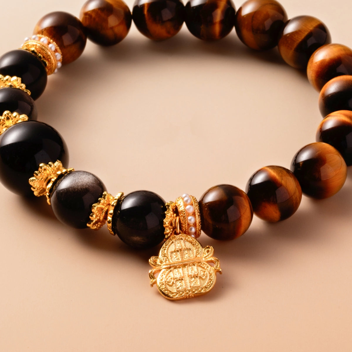 Bracelet For Earth Element Amplified Energy- Golden Tiger's Eye & Black Obsidian & Black Agate
