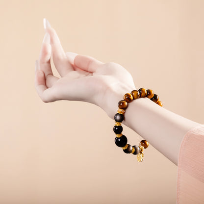 Bracelet For Earth Element Amplified Energy- Golden Tiger's Eye & Black Obsidian & Black Agate