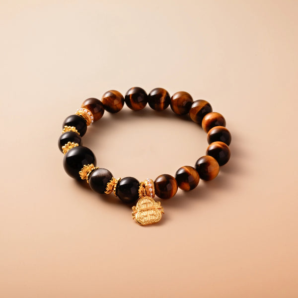 Bracelet For Earth Element Amplified Energy- Golden Tiger's Eye & Black Obsidian & Black Agate