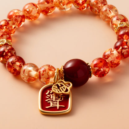 Bracelet For Earth Element Gentle & Balance Energy - Flower Amber & Red Agate