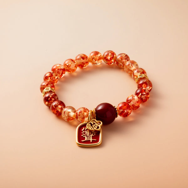Bracelet For Earth Element Gentle & Balance Energy - Flower Amber & Red Agate
