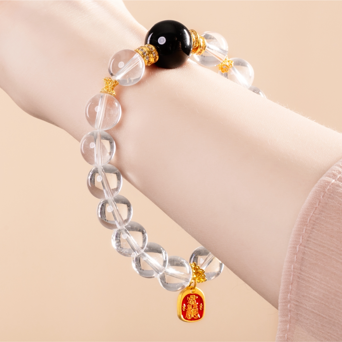Bracelet For Metal Element Amplified Energy - Clear Quartz & Black Agate