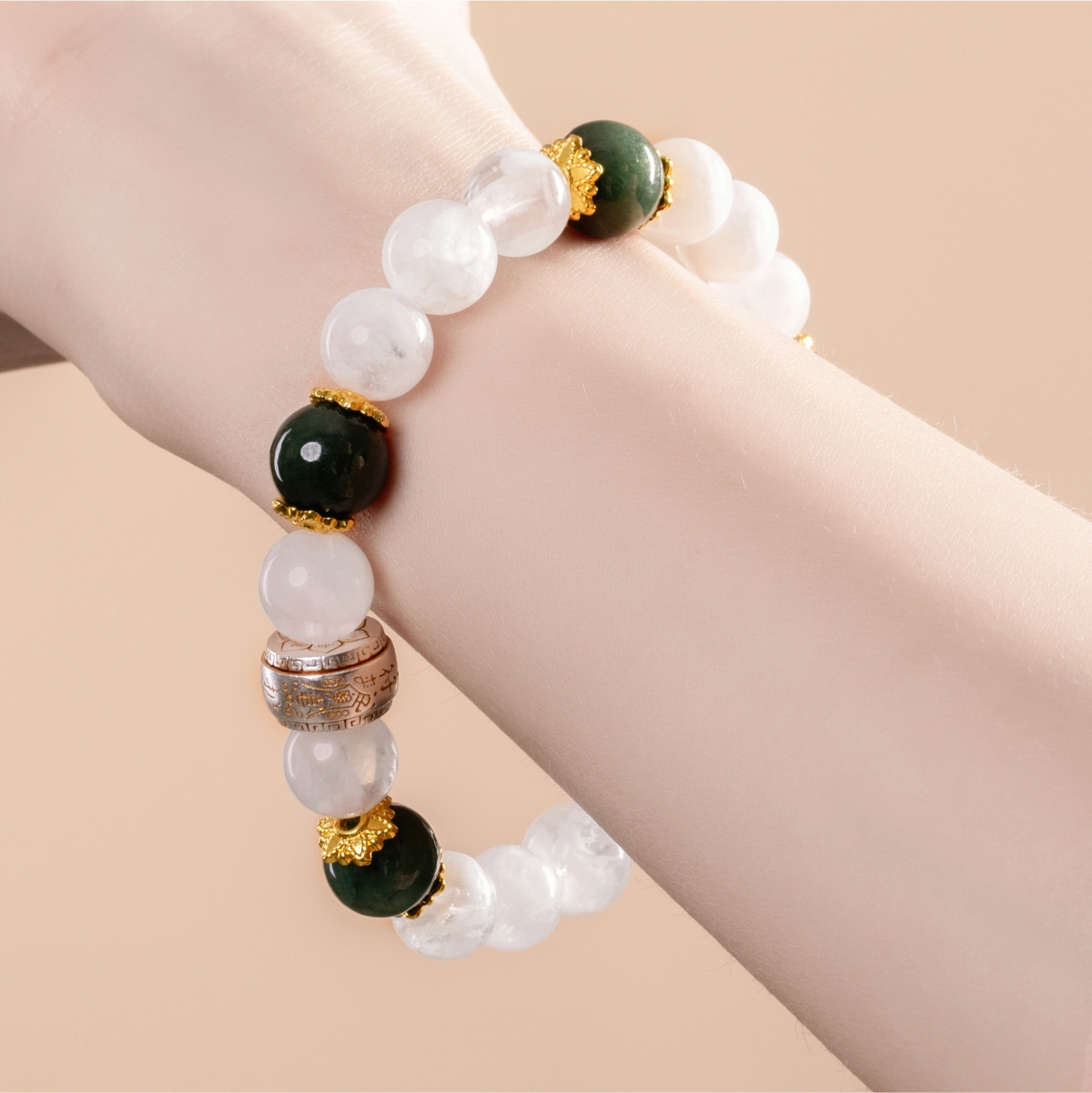 Bracelet For Metal Element Amplified Energy - White Phantom Quartz & Jadeite