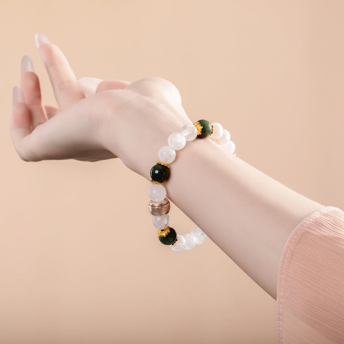 Bracelet For Metal Element Amplified Energy - White Phantom Quartz & Jadeite