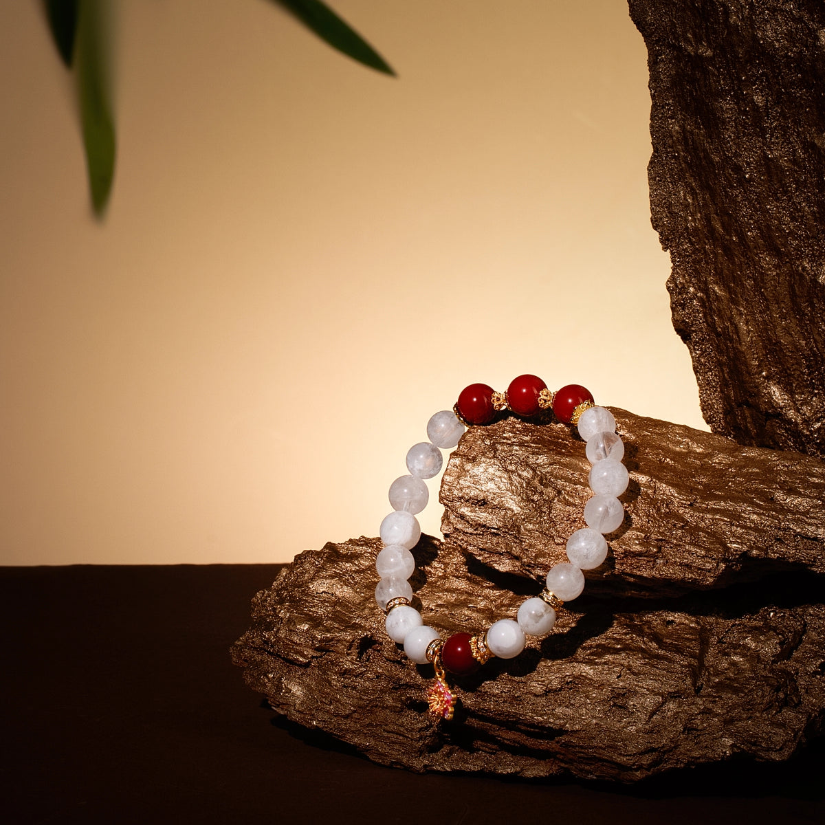 Bracelet For Metal Element Amplified Energy - White Phantom Quartz & Red Agate