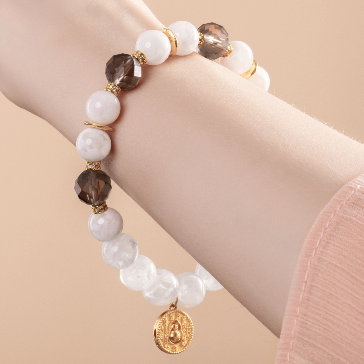 Bracelet For Metal Element Amplified Energy - White Phantom Quartz & Smoky Quartz