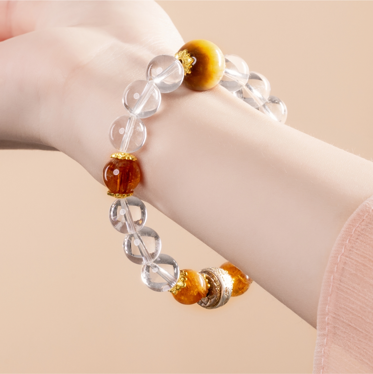 Bracelet For Metal Element Gentle & Balance Energy - Clear Quartz & Golden Tiger’s Eye