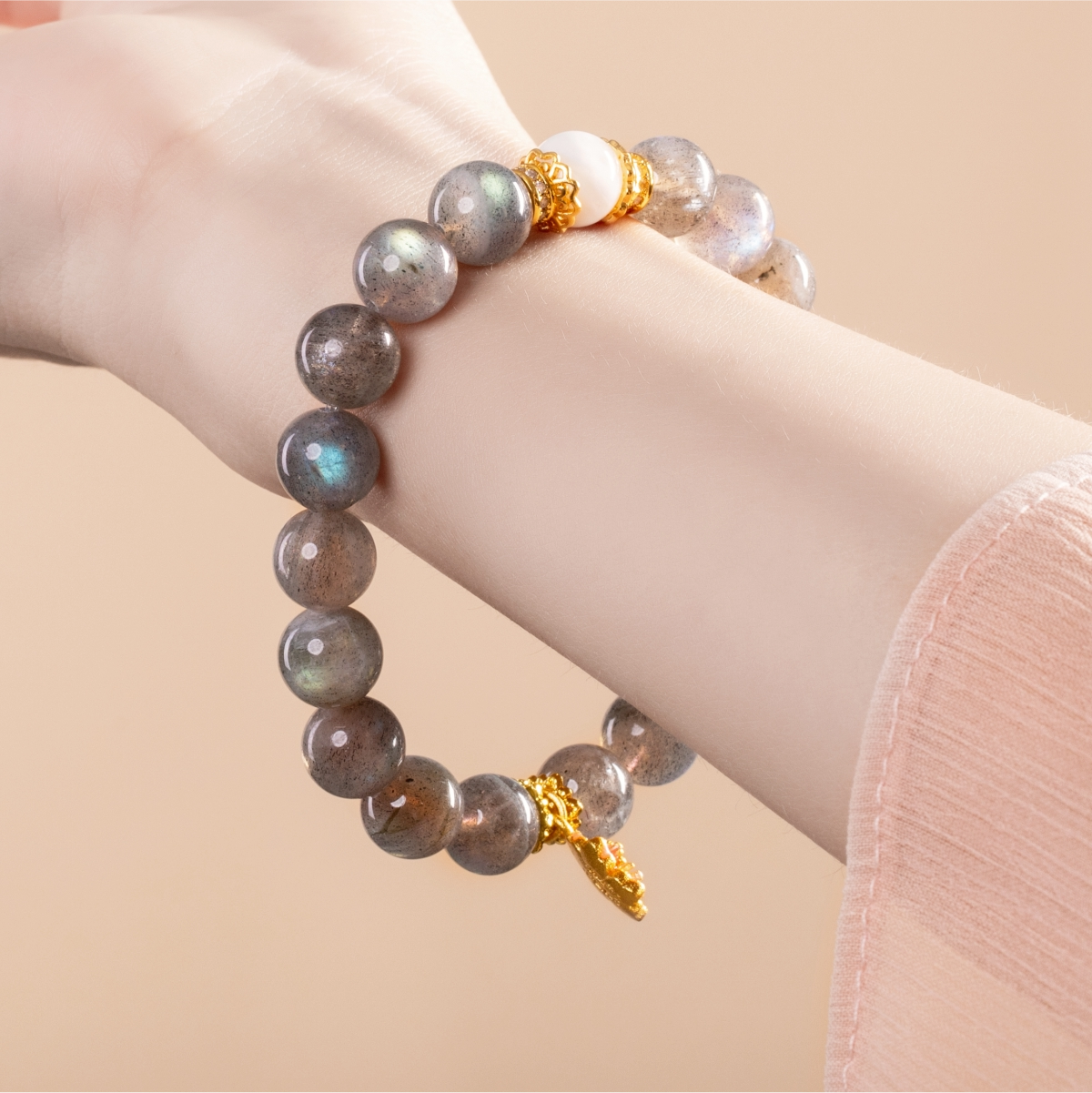 Bracelet For Metal Element Gentle & Balance Energy - Moonstone & White Phantom Quartz
