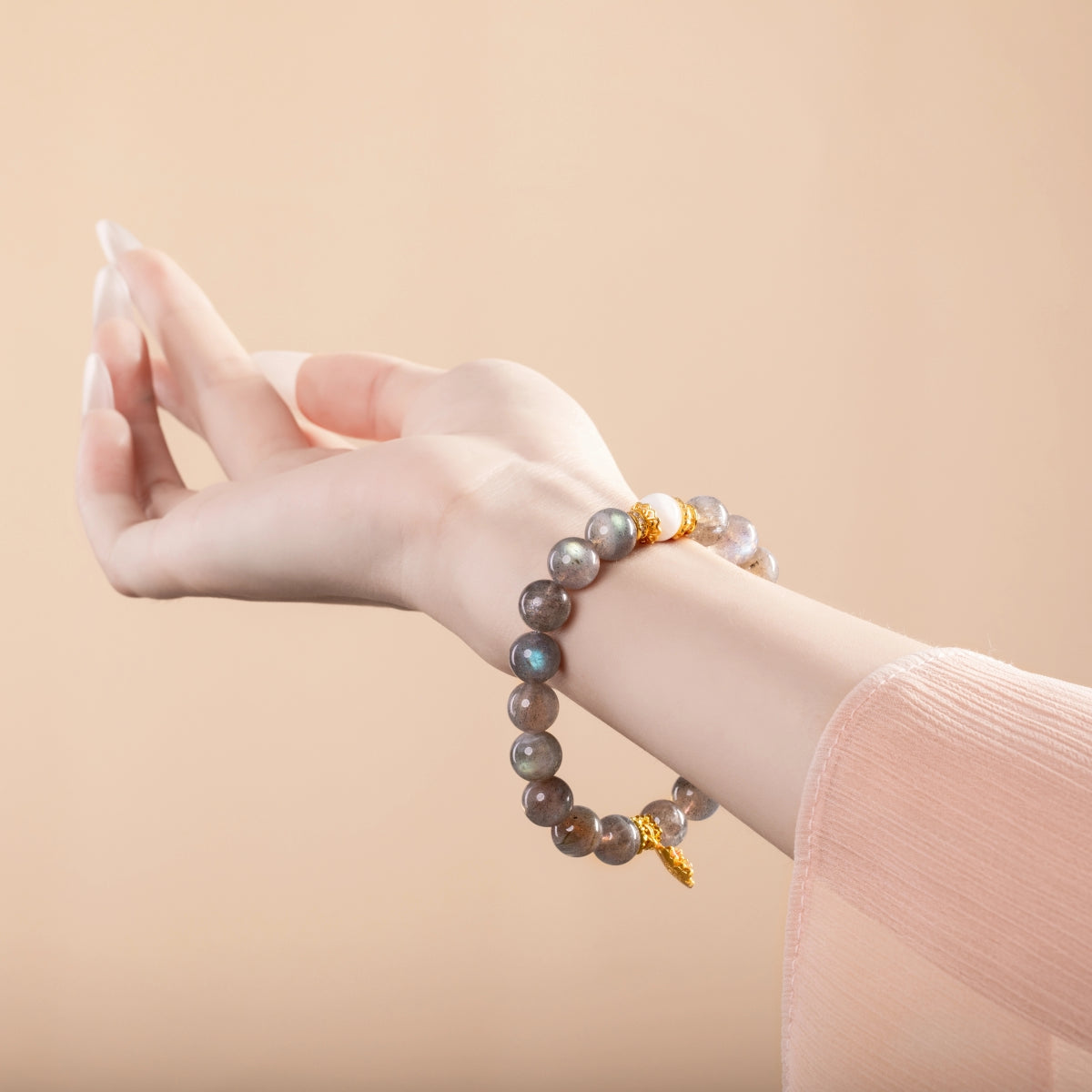 Bracelet For Metal Element Gentle & Balance Energy - Moonstone & White Phantom Quartz