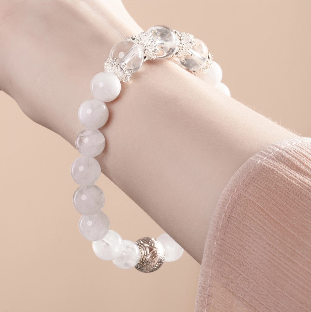Bracelet For Metal Element Gentle & Balance Energy - White Phantom Quartz & Clear Quartz