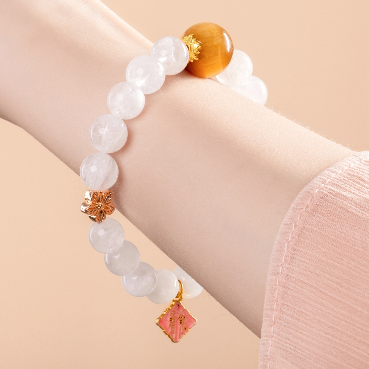 Bracelet For Metal Element Gentle & Balance Energy - White Phantom Quartz & Golden Tiger’s Eye