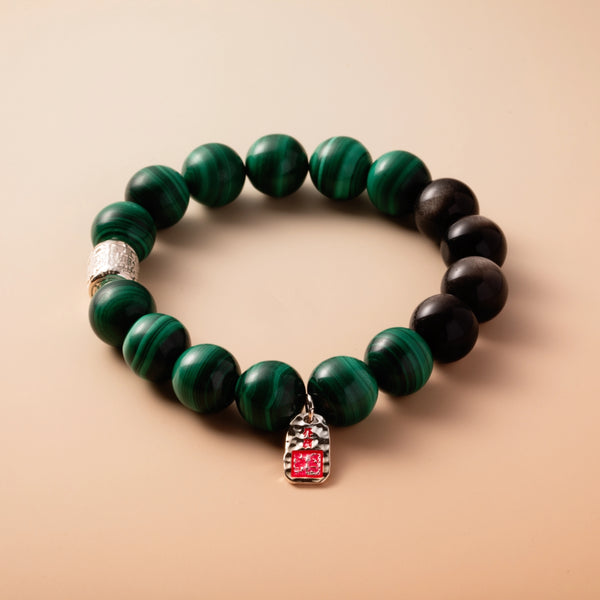 Bracelet For Wood Element Gentle & Balance Energy - Malachite & Black Obsidian
