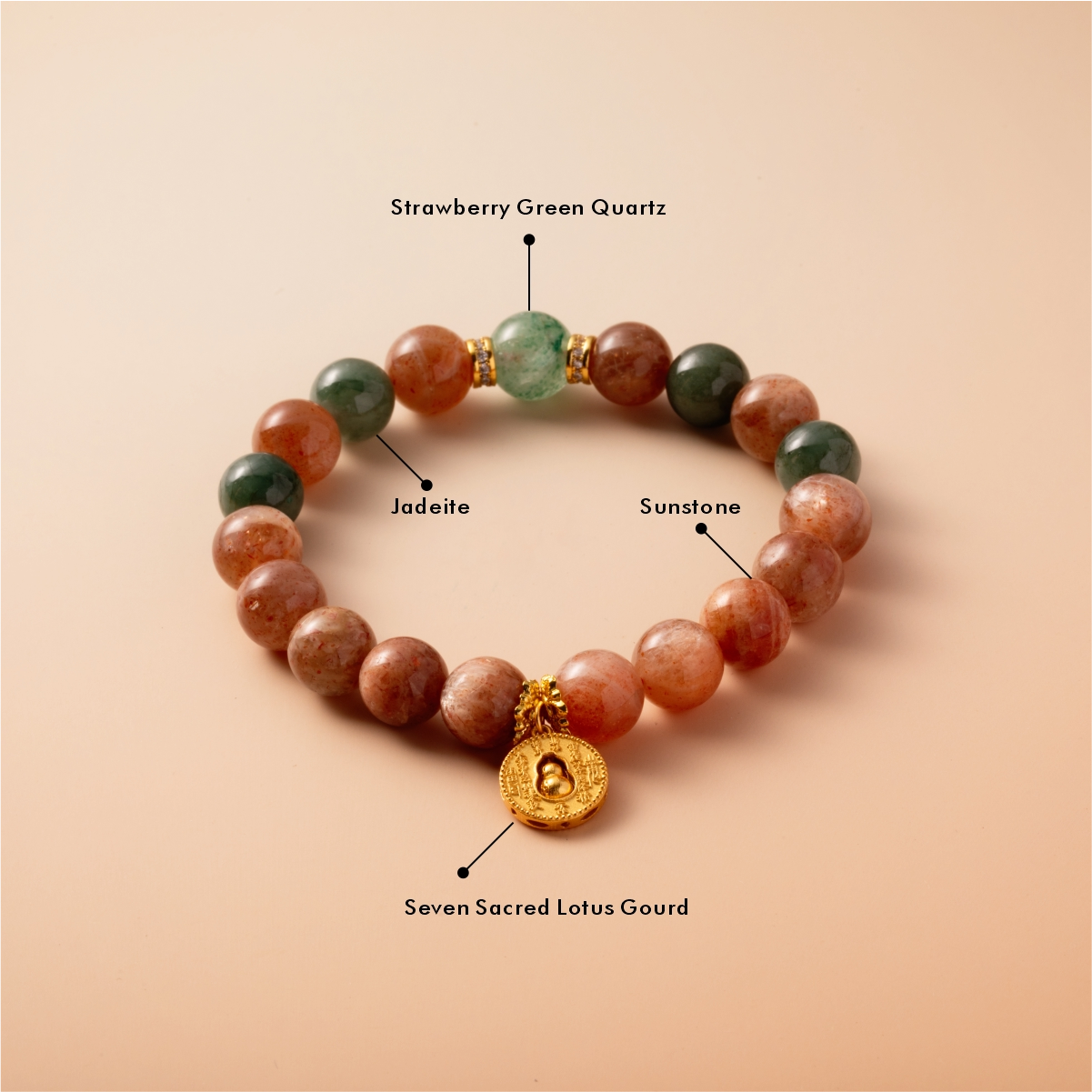 Bracelet For Fire Element Gentle & Balance Energy - Sunstone & Strawberry Green Quartz