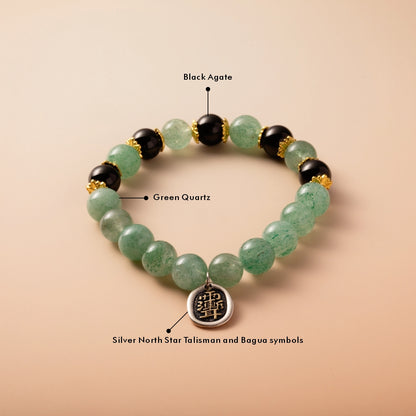 Bracelet For Wood Element Gentle & Balance Energy- Green Quartz & Black Agate