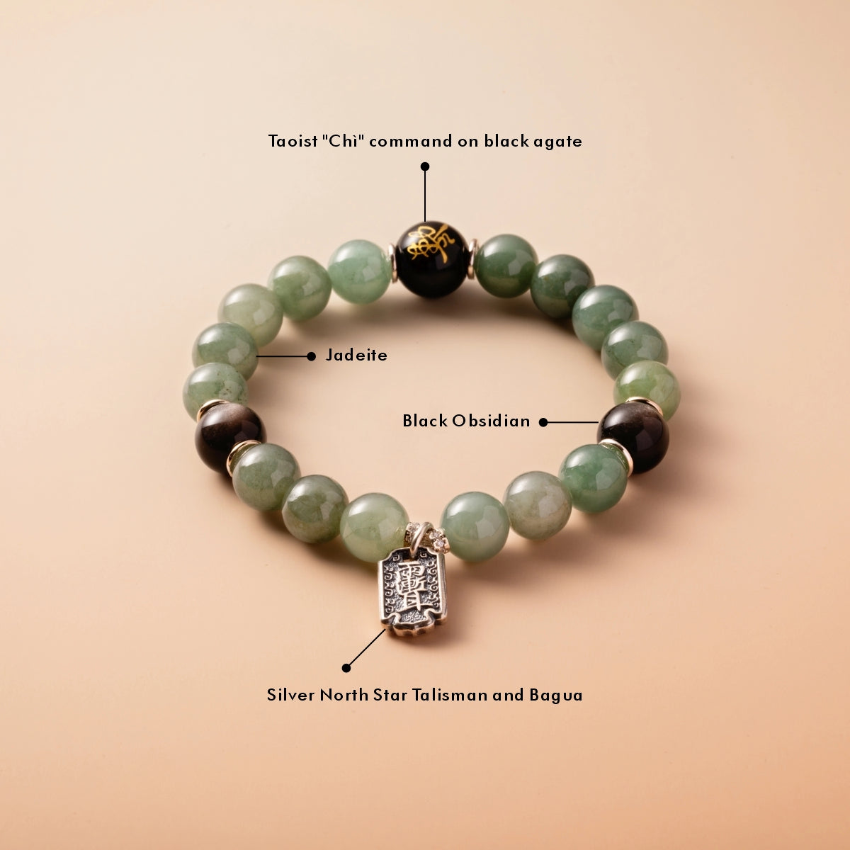 Bracelet For Wood Element Gentle & Balance -Jadeite & Black Obsidian & Black Agate
