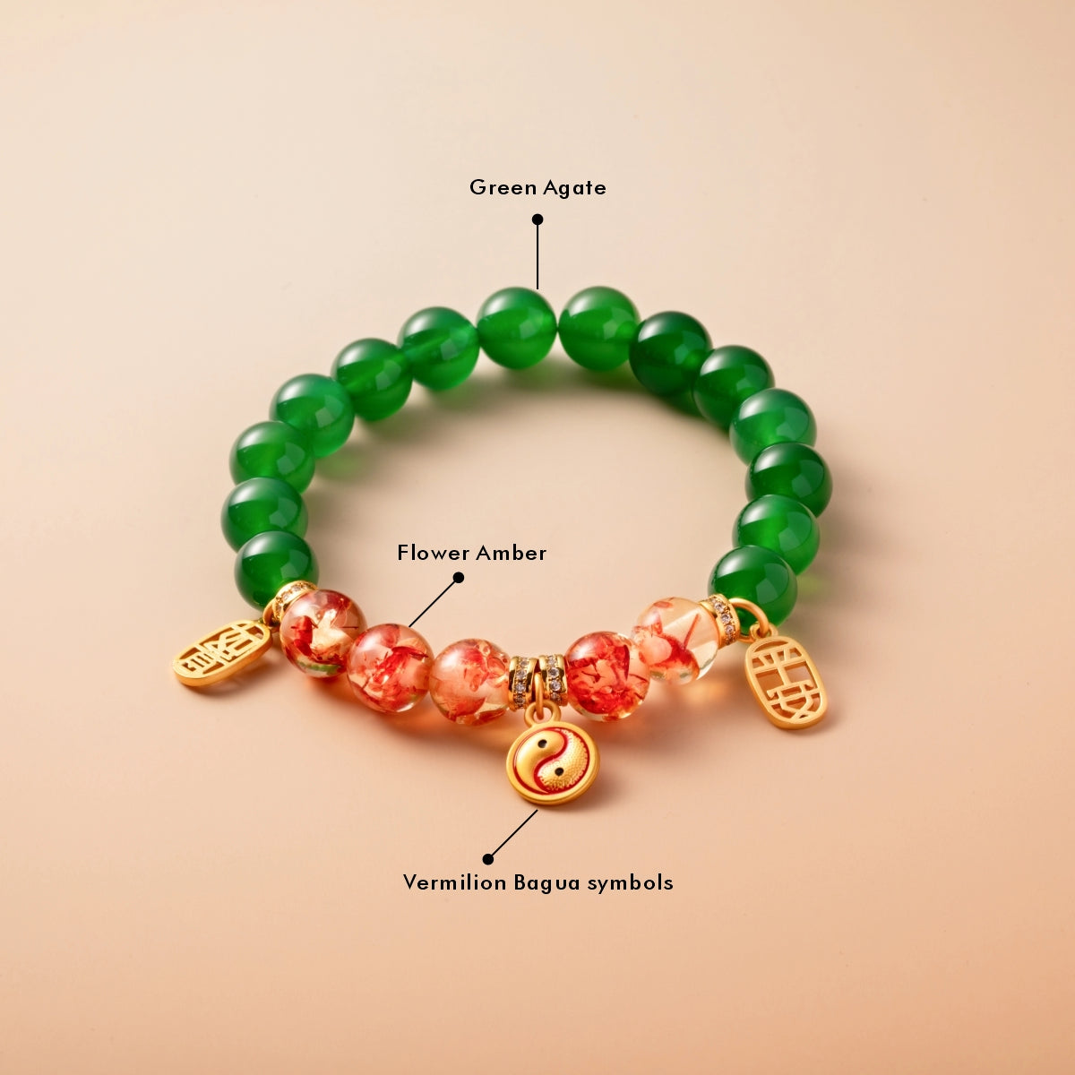 Bracelet For Wood Element Amplified Energy - Green Agate & Flower Amber