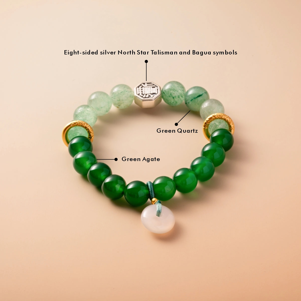 Bracelet For Wood Element Gentle & Balance Energy- Green Agate & Green Quartz