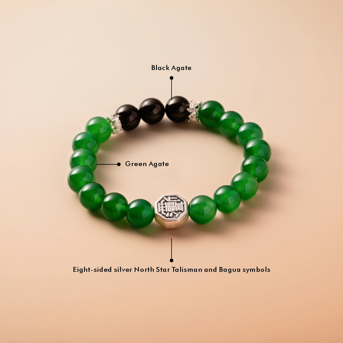 Bracelet For Wood Element Gentle & Balance Energy- Green Agate & Black Agate