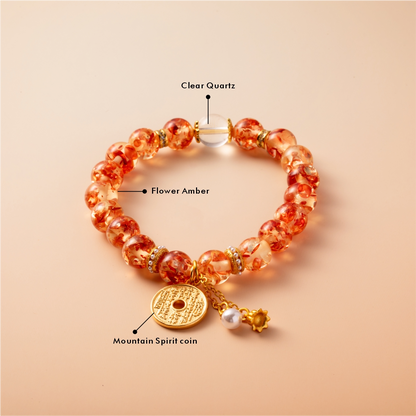 Bracelet For Earth Element Amplified Energy- Flower Amber & Clear Quartz