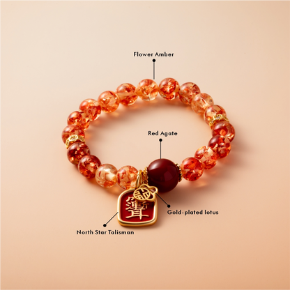 Bracelet For Earth Element Gentle & Balance Energy - Flower Amber & Red Agate