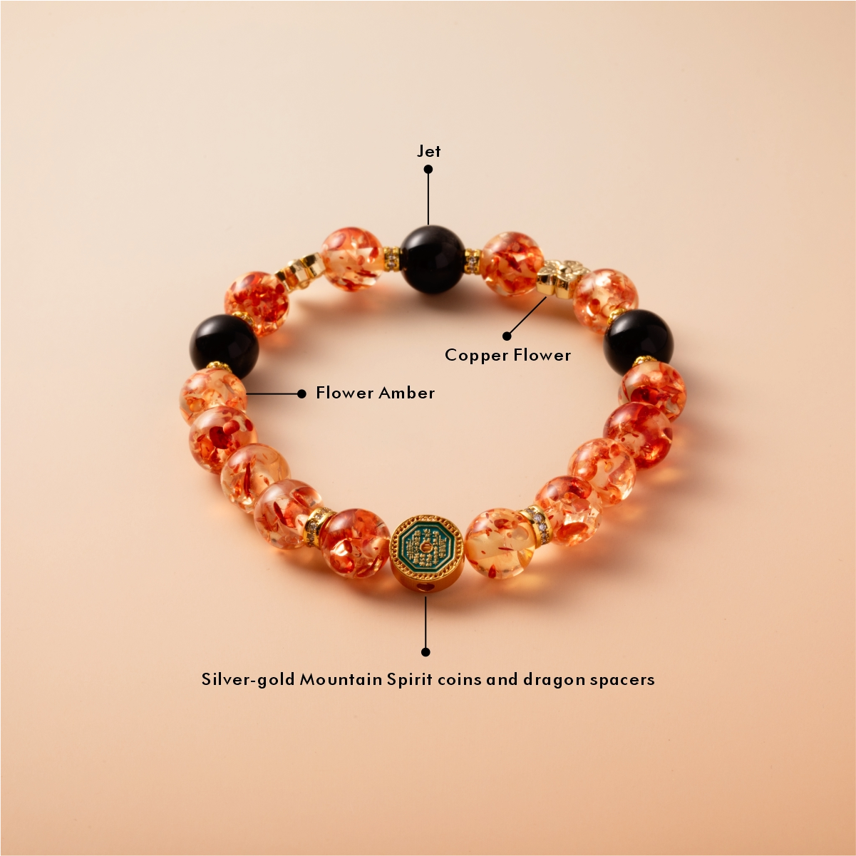 Bracelet For Earth Element Amplified Energy- Flower Amber & Jet