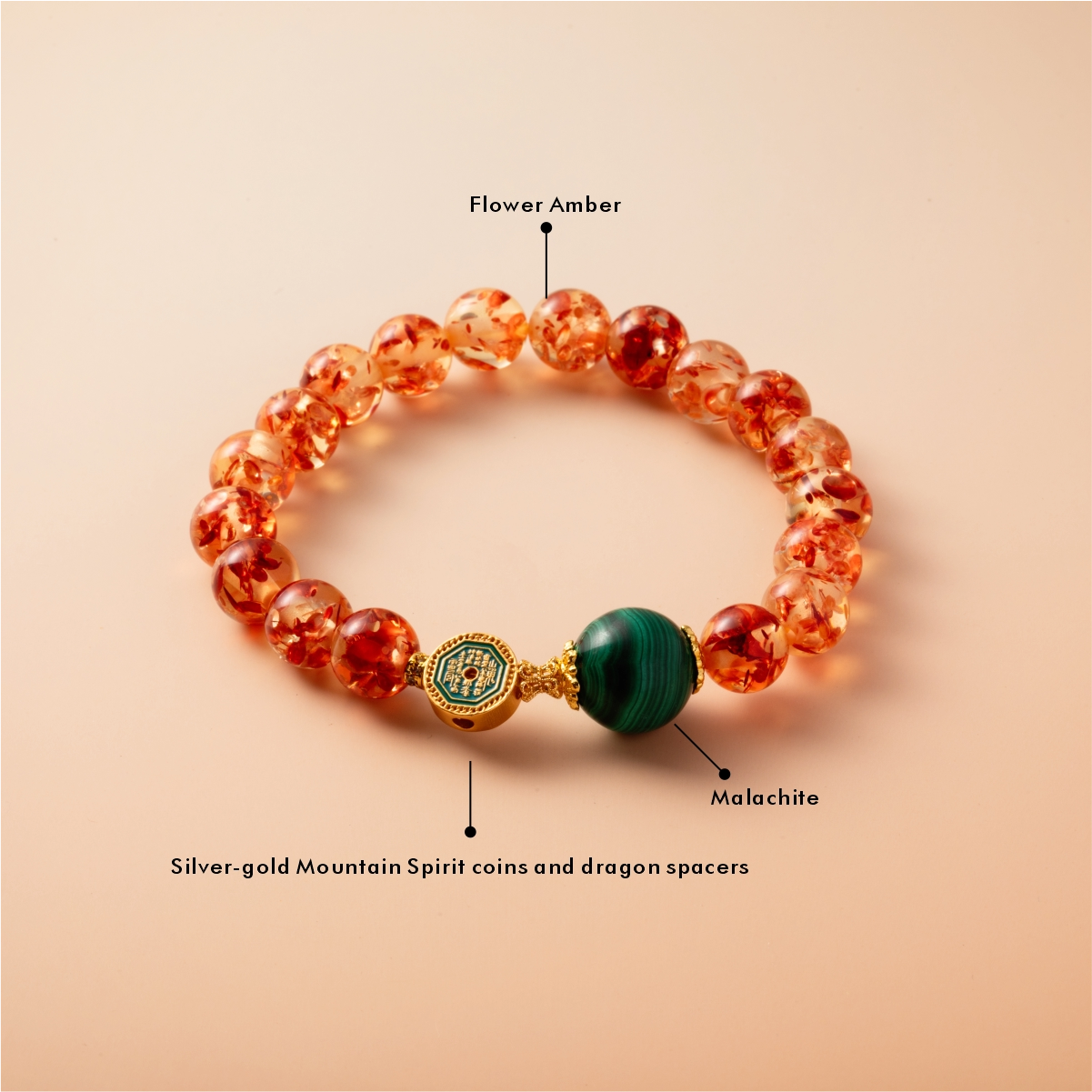 Bracelet For Earth Element Amplified Energy- Flower Amber & Malachite