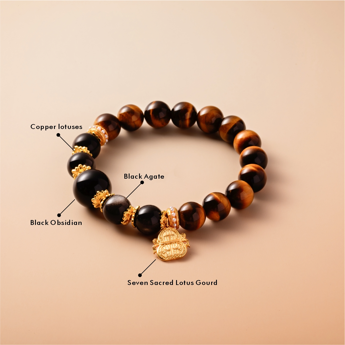 Bracelet For Earth Element Amplified Energy- Golden Tiger's Eye & Black Obsidian & Black Agate